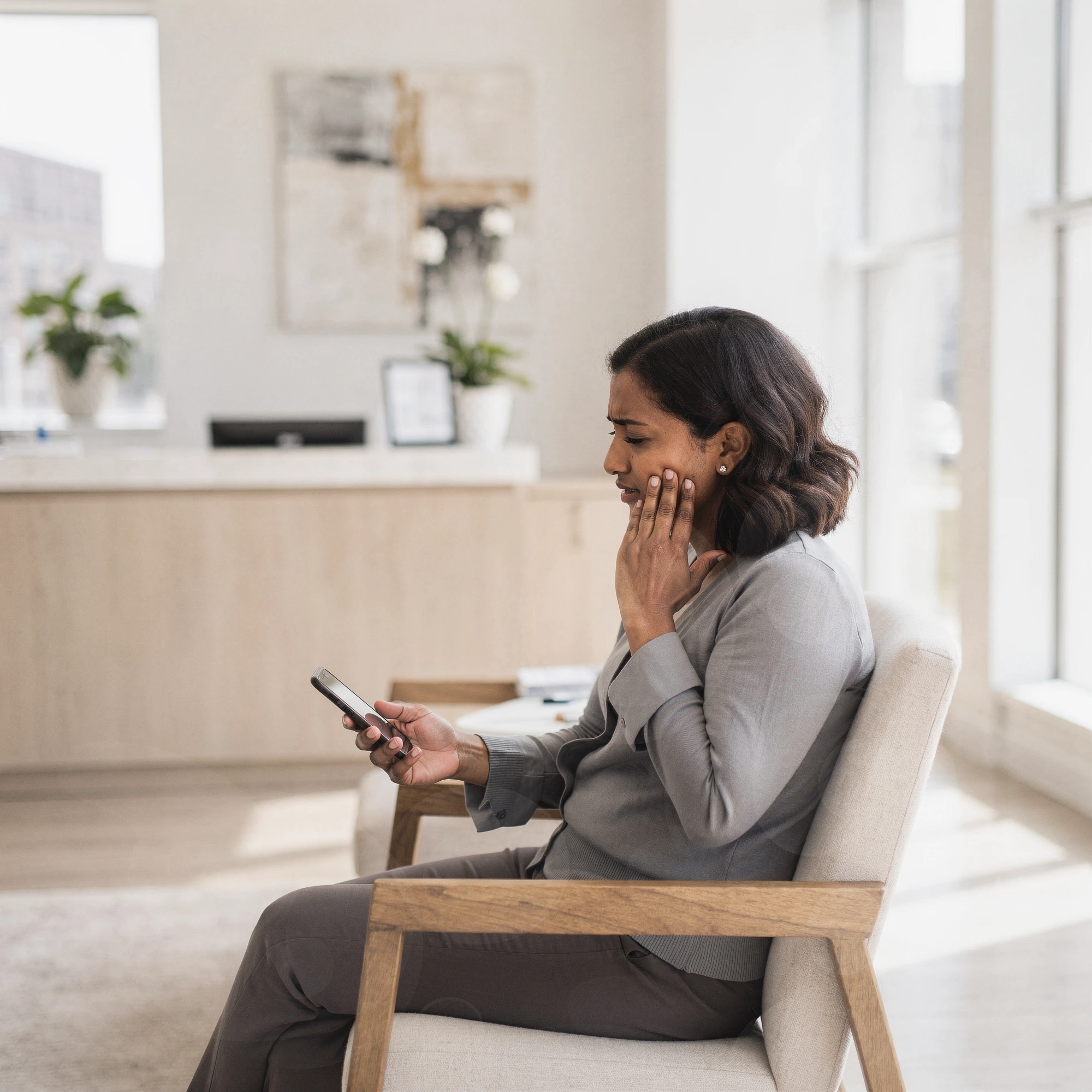 Woman in dental waiting room holding phone and touching her cheek in discomfort